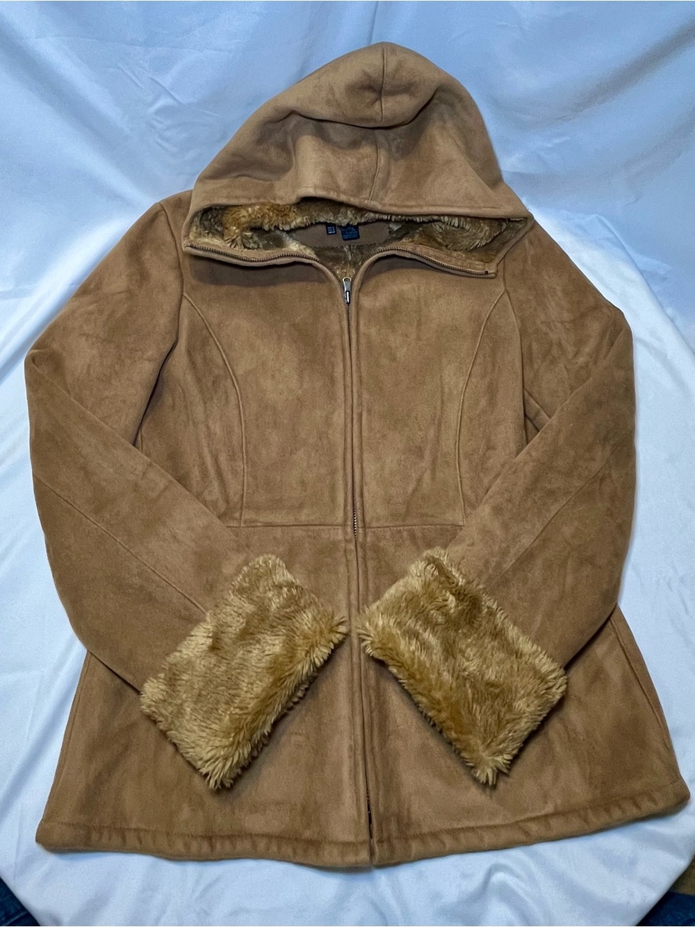 Zara Brown Faux Suede Hooded Jacket with Faux Fur Cuffs